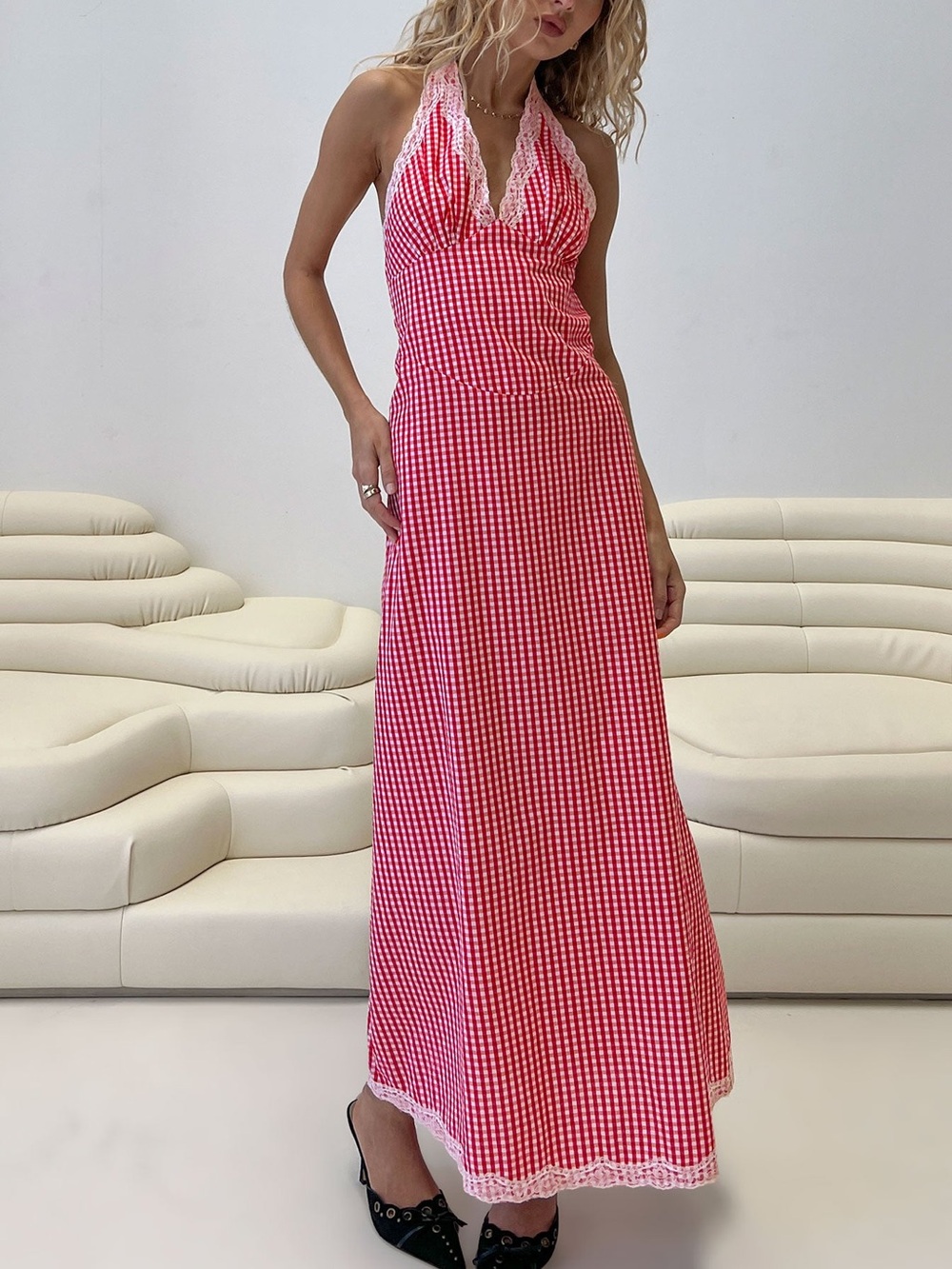 Princess Polly Betsie Halter Lace Maxi Dress Red Gingham
